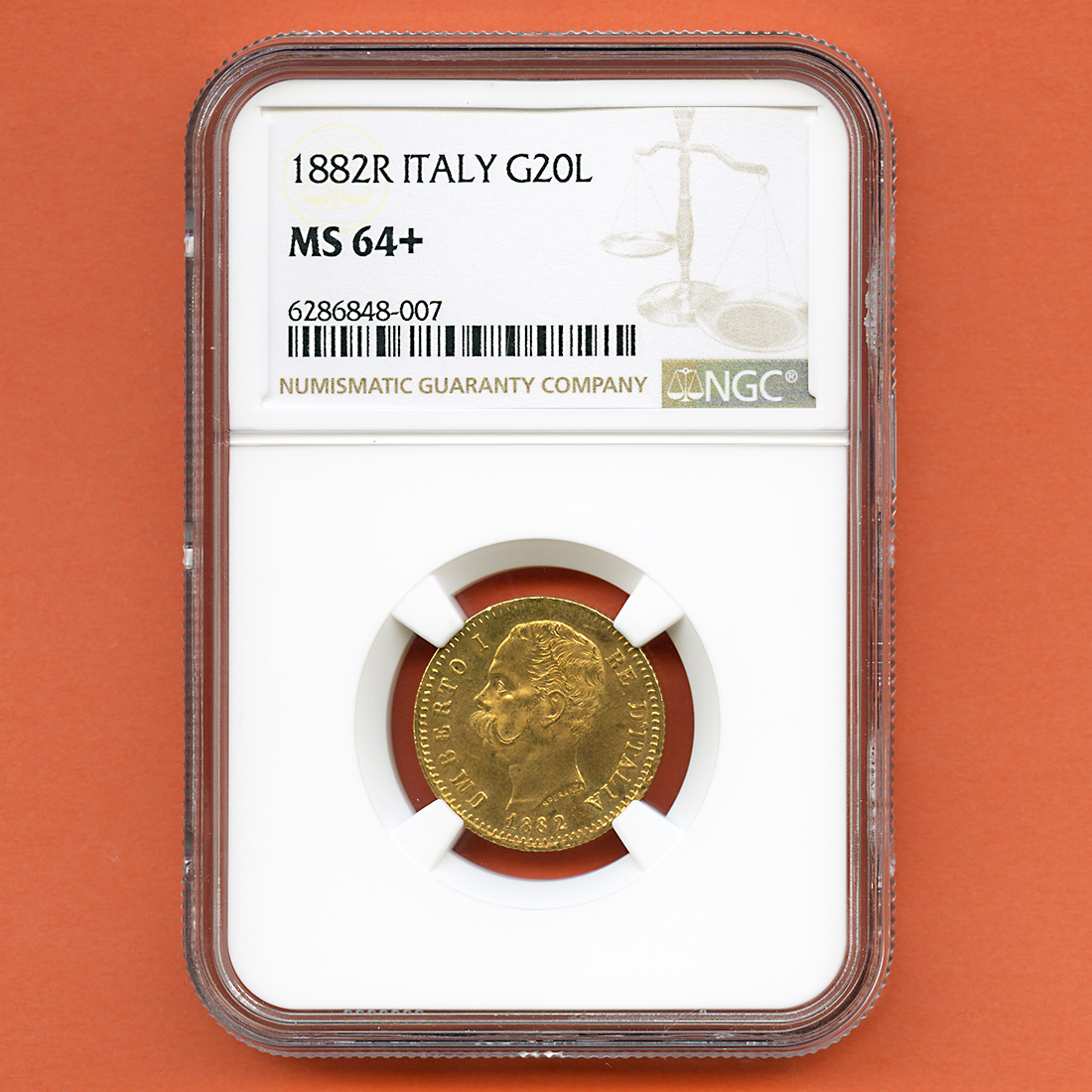 イタリア 20リレ金貨 ウンベルト1世 サヴォイア家の紋章 1882R MS64+(Plus)高鑑定