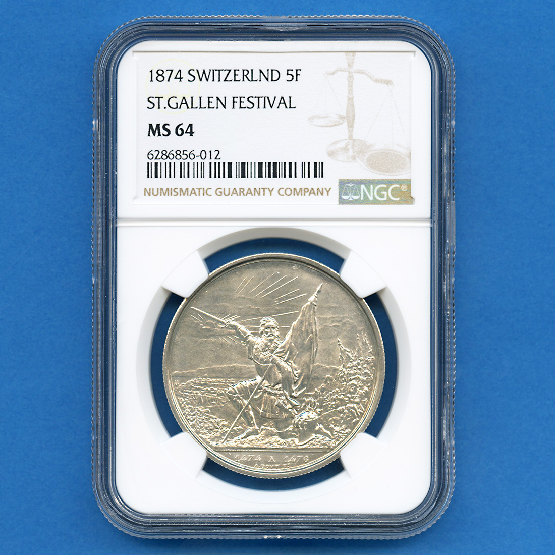 スイス射撃祭　ザンクトガレン　5フラン　1874年分類銀貨