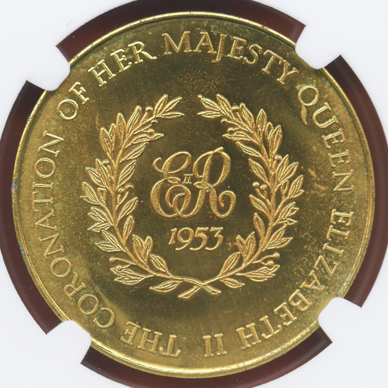 全コイン :: アンティーク :: イギリス 真鍮メダル エリザベス2世女王の戴冠式記念 1953 高鑑定 MS65 総鑑定枚数7枚!!