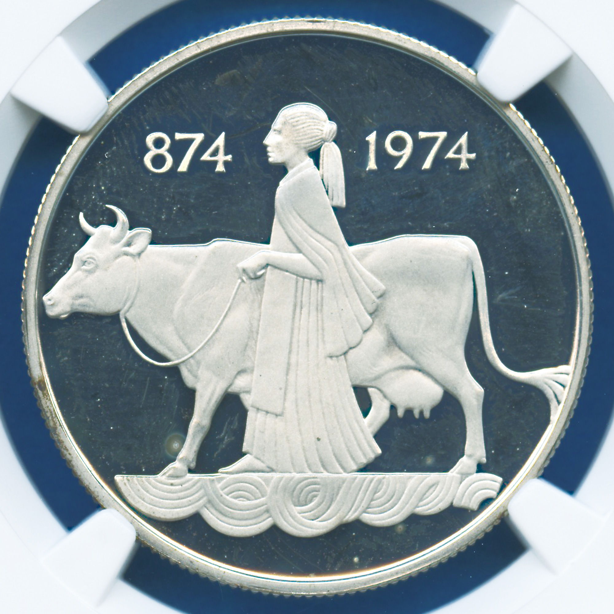 アイスランド共和国 500クローナ銀貨 建国1100年記念 乙女と牝牛 1974 高鑑定 PF66UC 総鑑定枚数79枚